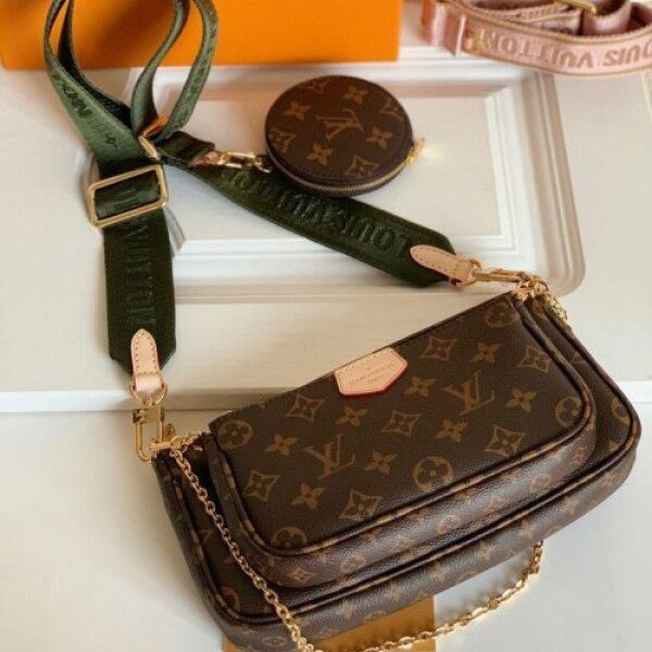 Louis Vuittion Multi Pochette Sling Bag Premium Quality Brown With Box & Dust Bag & Sling Belt & Sling Chain & Coin Pouch