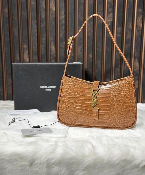 Saint Laurent YSL Tan Crocodile Embossed Leather Hobo Bag With Og Box
