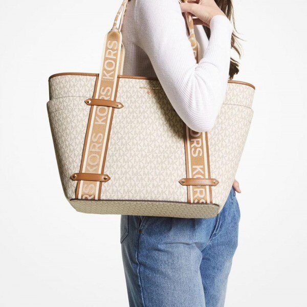 Michael Kors Maeve Monogram Print Tote Bag With Dust Bag (Beige Brown 22314)