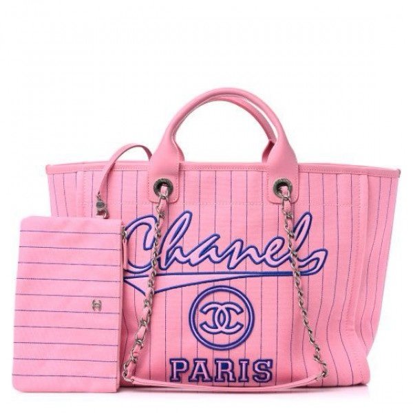 img_6611.jpeg CHANEL PARIS STRIPED PINK REMUIM TOTE BAG - Image 1